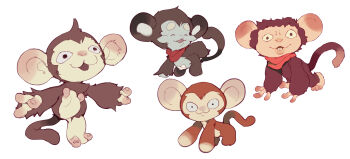 4boys absurdres all_fours animal_ears bandages bandaid_on_navel brown_fur closed_eyes crossed_bandaids hand_on_own_ass highres koki_(ryoushikiha) lower_teeth_only monkey monkey_ears monkey_tail multiple_boys no_humans original red_scarf scarf simple_background standing standing_on_one_leg tail teeth white_background white_fur