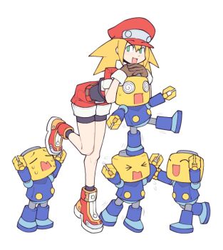 1girl @_@ blonde_hair brown_gloves flying_sweatdrops fujimna gloves green_eyes hat highres jacket looking_at_viewer mega_man_(series) mega_man_legends_(series) open_mouth red_hat red_jacket red_shoes red_shorts robot roll_caskett_(mega_man) servbot_(mega_man) shoes short_sleeves shorts smile
