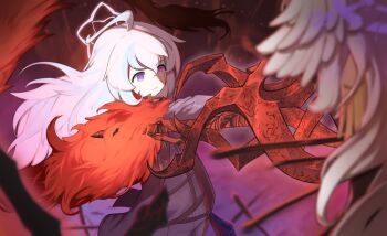 2girls ahoge aiguillette armor black_coat blood blue_archive coat cosplay don_quixote_(project_moon) e.g.o_(project_moon) empty_eyes epaulettes feather_boa feathered_wings gold_trim gradient_hair halo head_wings highres holding holding_polearm holding_weapon impaled jacket la_manchaland&#039;s_don_quixote_(project_moon) la_manchaland&#039;s_don_quixote_(project_moon)_(cosplay) la_manchaland_(identity)_(project_moon) la_sangre_de_sancho_(e.g.o) lance limbus_company long_hair military_uniform multicolored_hair multiple_girls polearm project_moon reisa_(blue_archive) sancho_(project_moon) shoulder_armor snowcrab83 solo_focus stab star_halo suzumi_(blue_archive) weapon white_hair white_jacket wings