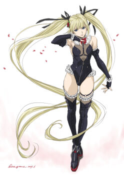 1girl bare_shoulders black_leotard blonde_hair blue_eyes blush breasts dead_or_alive detached_sleeves framed_breasts frilled_one-piece_swimsuit frills hair_ornament hair_ribbon hiragoma leotard long_hair marie_rose one-piece_swimsuit petals ribbon small_breasts solo swimsuit thighhighs twintails x_hair_ornament