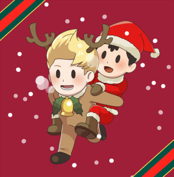 animal_costume black_hair blonde_hair carrying child christmas cosplay hat lucas_(mother_3) male mother_(series) mother_2 ness_(mother_2) nintendo red_hat reindeer_costume running santa_claus_(cosplay) shirt shota sjsj_10 striped_clothes striped_shirt super_smash_bros. yaoi