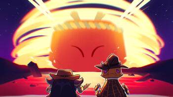 Rule 34 | alternate color, armor, blonde hair, closed eyes, cowboy hat, explosion, fmoptimist, galaxia (sword), hat, holding, holding sword, holding weapon, kirby (series), kirby air ride, kirby air riders, meta knight, neon genesis evangelion, nintendo, parody, pauldrons, rayman limbs, rocky (kirby), shoulder armor, star (sky), sword, taranza, the end of evangelion, weapon, witch hat