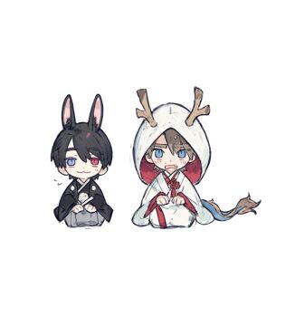 2boys :3 animal_ears animification banjou_ryuuga black_hair blue_eyes brown_hair chinese_commentary closed_mouth commentary dragon_horns dragon_tail extra_ears fang gougougougou hands_on_own_thighs heterochromia highres horns japanese_clothes kamen_rider kamen_rider_build_(series) kemonomimi_mode kiryuu_sento long_sleeves looking_at_viewer male_focus multiple_boys open_mouth parted_bangs rabbit_ears red_eyes seiza short_hair simple_background sitting smile tail white_background