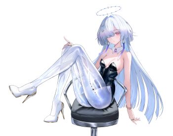 1girl alternate_costume bare_shoulders black_leotard breasts chair cleavage colored_eyelashes detached_collar earrings full_body grey_hair hair_ornament hair_over_one_eye halo high_heels highres jewelry legs_up leotard light_blush long_hair looking_at_viewer medium_breasts mornye_(wuthering_waves) parted_lips red_eyes see-through_body simple_background sitting solo strapless strapless_leotard swivel_chair tacet_mark_(wuthering_waves) triangle_earrings very_long_hair white_background wuthering_waves yuridango