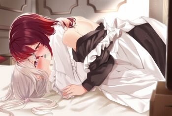 2girls apron arms_around_neck bagel_sandica black_dress blush commentary_request dress highres indoors light_particles long_hair long_sleeves maid_apron master_and_servant multiple_girls off_shoulder on_bed orange_eyes parted_lips purple_eyes red_hair shoujo_no_nozomanu_eiyuutan white_apron white_dress white_hair yuri