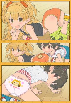 2girls :d akagi_miria ass bad_id bad_twitter_id black_hair blonde_hair blush clothes_pull fang green_eyes highres idolmaster idolmaster_cinderella_girls jougasaki_rika loli long_hair looking_at_viewer multiple_girls namco open_mouth orange_panties panties print_panties red_eyes saeki_tatsuya short_hair short_twintails smile twintails two_side_up underwear