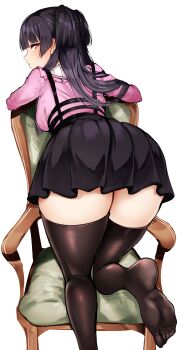 1girl absurdres agetama black_hair black_skirt black_thighhighs blush breasts chair hair_spread_out highres idolmaster idolmaster_shiny_colors kneeling leaning_on_object long_hair looking_at_viewer looking_back mayuzumi_fuyuko medium_breasts no_shoes on_chair pink_shirt profile shirt simple_background skirt soles solo suspender_skirt suspenders thighhighs white_background