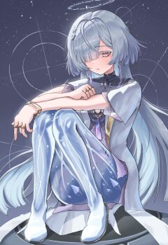 Rule 34 | 1girl, absurdres, colored eyelashes, commentary, earrings, grey hair, hair ornament, hair over one eye, halo, highres, hodissi, jewelry, knees up, long hair, looking at viewer, mornye (wuthering waves), multiple rings, parted lips, red eyes, ring, see-through body, sitting, solo, tacet mark (wuthering waves), triangle earrings, wuthering waves