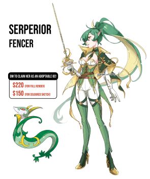 1girl absurdres adoptable blonde_hair breasts brooch capelet cleavage cleavage_cutout clothing_cutout commentary corset creature_and_personification english_commentary expressionless eyeshadow fencer full_body gem gen_5_pokemon gloves gold_trim green_capelet green_corset green_eyeshadow green_footwear green_hair green_necktie green_pants hand_up high_heels high_ponytail highres holding holding_sword holding_weapon jewelry long_hair long_pointy_ears long_sleeves makeup medium_breasts multicolored_hair necktie nintendo official_art_inset original pants personification pointy_ears pokemon ponytail rapier red_eyes red_gemstone rhymewithray serperior short_necktie simple_background solo standing sword two-tone_hair two-tone_pants weapon white_background white_gloves white_pants white_sleeves