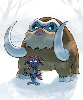 angry artist_logo atom_palace commentary english_commentary fleur-de-lis flying_teardrops frown full_body gen_2_pokemon gen_4_pokemon highres holding holding_pokemon logo mamoswine nintendo no_humans pokemon pokemon_(creature) sweatdrop swinub tusks weavile