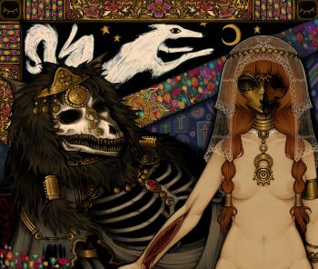 1boy 1girl animal_skull armlet black_hair bleeding blood breasts bridal_veil brown_hair cape crescent crimescenepartz cross crown dead_animal death disfigured exposed_bone exposed_muscle floral_background floral_print flower gem gold gold_armlet gold_crown gold_mask guro hair_ornament half_mask highres horror_(theme) injury jewelry maggot mask multiple_scars navel neck_ring nude original ornate reclining red_gemstone ribs scar scar_on_arm scar_on_breasts scar_on_stomach self-harm_scar skull standing star_(symbol) sun_symbol tapestry torn_cape torn_clothes veil white_wolf wrist_cutting