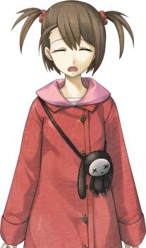 1girl brown_hair buttons child closed_eyes coat crying facing_viewer game_cg hair_ornament huke non-web_source official_art open_mouth red_coat sad science_adventure shirt short_twintails solo sprite steins;gate steins;gate_0 stuffed_animal stuffed_toy tearing_up tennouji_nae transparent_background twintails two_side_up white_shirt winter_clothes winter_coat