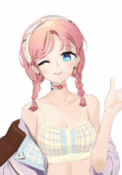 1girl ;d andersonalac arknights bare_shoulders blue_eyes blue_poison_(arknights) blue_poison_(shoal_beat)_(arknights) braid camisole choker collarbone commentary_request crop_top earrings hand_up highres jacket jewelry long_hair looking_at_viewer midriff off_shoulder official_alternate_costume one_eye_closed open_mouth pink_choker pink_hair purple_jacket simple_background smile solo spaghetti_strap twin_braids upper_body white_background