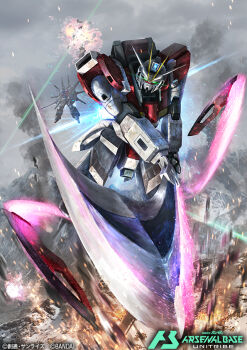anti-ship_sword card_(medium) commentary_request copyright_logo copyright_name copyright_notice deraken energy_sword gundam gundam_arsenal_base gundam_seed gundam_seed_destiny holding_beam_saber legend_gundam logo mecha mobile_suit no_humans official_art robot sunrise_stance sword sword_impulse_gundam v-fin weapon zaft_(gundam)