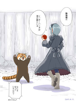 1boy 2channel 2channel_(/livejupiter/) aile-kun apple back_bow boots bow commentary_request crossdressing crossdressing_(mtf) dress fence food frilled_hairband frills fruit full_body grey_boots grey_dress grey_hairband hairband highres holding holding_food holding_fruit itini-sanshi long_sleeves male_focus rearing red_panda short_hair solo standing translation_request trap