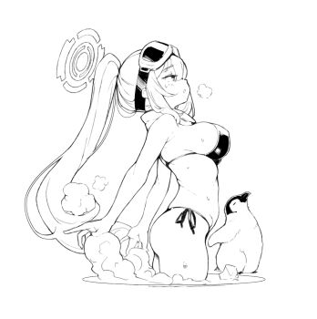 1girl ass ataruman bare_arms bare_shoulders bikini bird blue_archive breasts commentary cowboy_shot eimi_(blue_archive) eimi_(swimsuit)_(blue_archive) from_side goggles goggles_on_head greyscale halo large_breasts lineart long_hair monochrome penguin ponytail profile scarf side-tie_bikini_bottom simple_background solo steam swimsuit very_long_hair