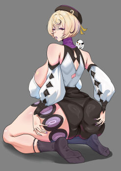 Rule 34 | 1girl, absurdres, ass, bare shoulders, beret, black headwear, black shorts, blonde hair, breasts, detached sleeves, from behind, grabbing own ass, grey background, hat, highres, huge ass, huge breasts, kneeling, looking at viewer, looking back, makeup, purple eyes, purple lips, purple nails, seiza, short hair, shorts, simple background, sitting, socks, solo, thick thighs, thighs, yanz2