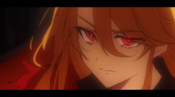 Rule 34 | 1girl, black coat, blonde hair, character request, check character, coat, commentary request, don quixote (project moon), feather boa, glowing, glowing eyes, hair between eyes, la manchaland (identity) (project moon), letterboxed, limbus company, long hair, looking at viewer, official alternate costume, project moon, red eyes, sidelocks, sixgod, solo