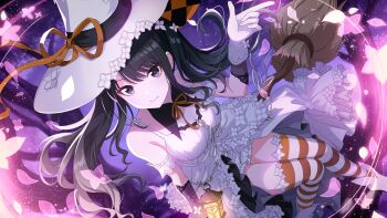 1girl asymmetrical_gloves black_hair blue_eyes broom game_cg gloves hat highres idolmaster idolmaster_shiny_colors idolmaster_shiny_colors_song_for_prism kazano_hiori lantern official_art petals short_shorts shorts smile solo striped_clothes striped_thighhighs thighhighs tree twintails witch_hat