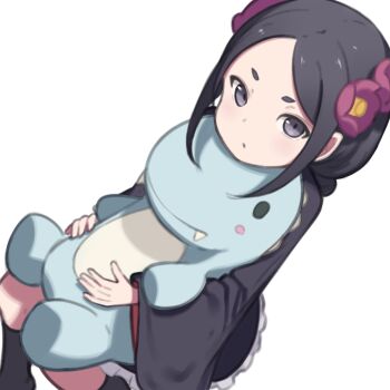 Rule 34 | 1girl, black dress, black hair, black socks, dress, flower, forehead, hair flower, hair ornament, highres, hug, long hair, looking at viewer, hugging object, pink flower, princess principal, purple eyes, short eyebrows, simple background, sitting, socks, solo, stuffed toy, toudou chise, white background, yomogi uehara