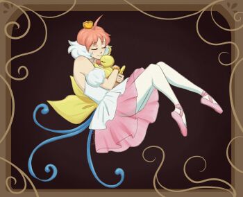 1girl ahiru_(duck)_(princess_tutu) ahiru_(princess_tutu) ahoge animal animal_hug ballet_slippers bird border brown_background brown_border closed_eyes closed_mouth commentary crown dark_background dress dual_persona duck english_commentary gumelothedreamer highres holding holding_animal holding_bird magical_girl mini_crown multicolored_hair pantyhose pink_hair pink_shoes princess_tutu princess_tutu_(character) shoes short_hair smile split_mouth two-tone_hair white_dress white_hair white_pantyhose