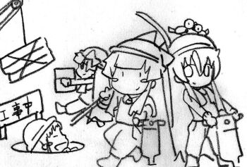 4girls boots breasts chibi construction_site dot_eyes fingerless_gloves gloves hair_ribbon hard_hat helmet highres legs long_hair looking_at_viewer monochrome multiple_girls nakoruru nomeno_mizuha original pants ribbon samurai_spirits sketch small_breasts smile snk the_king_of_fighters thighs traditional_media