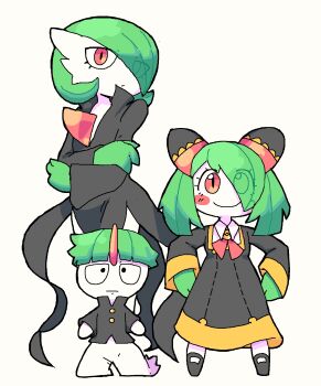 1boy 2girls anya_(spy_x_family) anya_(spy_x_family)_(cosplay) black_dress bowl_cut colored_skin cosplay dress eden_academy_school_uniform evolutionary_line gakuran gardevoir gen_3_pokemon green_skin hair_over_one_eye highres horns kageyama_shigeo kirlia melfunnysmell mob_psycho_100 multicolored_skin multiple_girls nintendo one-punch_man pokemon power_connection ralts salt_middle_school_uniform school_uniform simple_background single_horn smile spy_x_family tatsumaki tatsumaki_(cosplay) trait_connection two-tone_skin white_skin