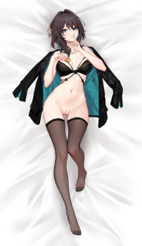 1girl absurdres aqua_nails bead_necklace beads bed_sheet black_bra black_jacket black_thighhighs bottomless bra breasts brown_hair chinese_commentary cleft_of_venus commentary_request feet finger_to_mouth flower food full_body gluteal_fold green_eyes hair_flower hair_intakes hair_ornament hands_up highres holding holding_food honkai:_star_rail honkai_(series) index_finger_raised jacket jewelry knee_up large_variant_set long_hair looking_at_viewer lying medium_breasts multicolored_hair nail_polish navel necklace no_shoes on_back on_bed parted_lips pussy ruan_mei_(honkai:_star_rail) shushing solo stomach streaked_hair thighhighs thighs toenail_polish toenails toes uncensored underwear variant_set yunkaiming