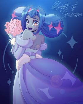 1girl bare_shoulders blue_eyes blue_hair breasts colored_skin double_bun dress grey_skin hair_bun hair_intakes highres knights_of_guinevere long_hair looking_at_viewer makeup micho_png princess_guinevere smile solo white_dress