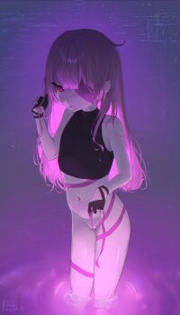 1girl absurdres black_gloves bottomless cropped_sweater eyepatch fallenshadow flat_chest gloves hair_down hat highres indie_virtual_youtuber kukseleg loli long_hair navel parted_lips partially_fingerless_gloves pink_ribbon purple_eyes purple_hat pussy ribbon sleeveless sleeveless_sweater solo standing sweater virtual_youtuber wading