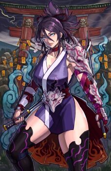 1girl black_thighhighs blue_eyes breasts choker cloud cloudy_sky commentary_request dark_cloud dual_wielding elbow_gloves feet_out_of_frame getsu_fuuma_den getsu_renge gloves hair_between_eyes highres holding holding_behind_back holding_sword holding_sword_behind_back holding_weapon holding_weapon_behind_back japanese_clothes kimono knee_guards large_breasts lightning lips long_hair_between_eyes looking_at_viewer mole mole_under_eye ofuda outdoors parted_lips pink_ribbon purple_hair purple_kimono raikou_(yorimitsu) red_choker red_gloves red_sash ribbon rock rope sash short_hair short_kimono single_elbow_glove single_glove sky sleeveless sleeveless_kimono solo split_ponytail standing sword thighhighs torii vambraces waist_sash weapon