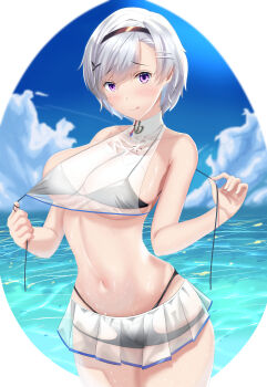 1girl :p absurdres azur_lane bare_shoulders bikini bikini_top_only black_bikini black_hairband black_shorts blue_sky blush breasts cleavage clothing_cutout cloud collarbone cowboy_shot crop_top crop_top_overhang day female_focus grey_hair groin hair_ornament hairband hairclip haruto_(nyannzou789) highres hip_vent holding holding_string huge_filesize large_breasts looking_at_viewer micro_shorts midriff miniskirt navel ocean open_clothes parted_hair purple_eyes reno_(azur_lane) reno_(biggest_little_cheerleader)_(azur_lane) see-through_clothes see-through_skirt shirt short_hair shorts shorts_under_skirt sidelocks skirt sky sleeveless sleeveless_shirt smile solo standing string swimsuit tongue tongue_out underboob untied_bikini waist_cutout wet wet_clothes wet_shirt