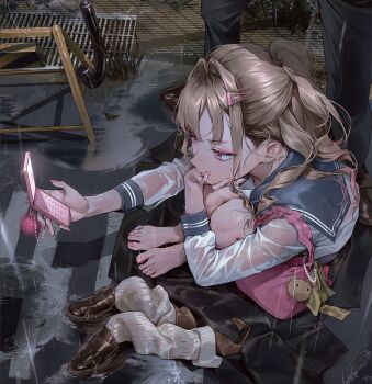 1boy 1girl barefoot barricade black_coat black_pants blonde_hair bracelet brown_shoes cellphone coat crosswalk earrings feet flip_phone gradient_hair grate hand_on_own_face hello_kitty highres hugging_own_legs hvvvzzz jewelry leg_warmers looking_at_phone multicolored_hair on_floor original pants phone pink_bag pink_eyes pink_hair pink_nails ponytail puddle rain sanrio school_uniform shadow shirt shoes sitting socks umbrella unworn_shoes unworn_socks water_drop wet wet_clothes wet_shirt