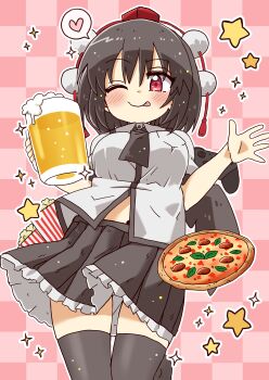 1girl :p absurdres alcohol beer beer_mug black_necktie black_skirt black_thighhighs blush breasts brown_hair checkered_background closed_mouth commentary_request cup food frilled_skirt frills hat heart highres holding holding_cup medium_breasts mug necktie one_eye_closed pink_background pizza pom_pom_(clothes) popcorn puffy_short_sleeves puffy_sleeves red_eyes red_hat shameimaru_aya shirt short_sleeves skirt smile solo spoken_heart thighhighs tokin_hat tongue tongue_out totoharu_(kujirai_minato) touhou white_shirt