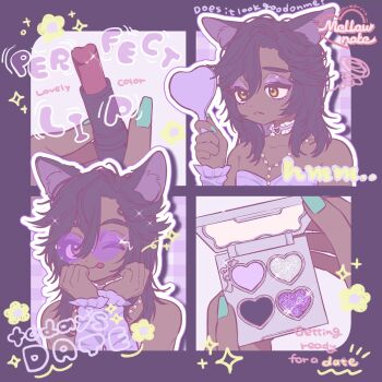 1girl animal_ear_fluff animal_ears aqua_nails cat_ears cat_girl choker closed_mouth commission cosmetics dark-skinned_female dark_skin detached_sleeves eyeshadow fingernails frilled_choker frills hand_mirror highres holding holding_lipstick_tube holding_mirror jewelry lipstick lipstick_tube looking_at_object makeup medium_hair mellownote mirror multiple_girls nail_polish necklace off_shoulder one_eye_closed original parted_bangs purple_eyeshadow purple_theme rouge_(makeup) square sunglasses tongue tongue_out vgen_commission