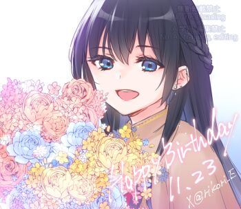 1girl 9s_(yamamoto_yamato) :d black_hair blue_background blue_eyes blue_flower blue_rose bouquet braid brown_shirt dated flower gradient_background hair_between_eyes happy_birthday long_hair looking_at_viewer mineshima_yuu mizuki_riko open_mouth pink_flower rose shirt smile solo teeth twitter_username upper_body upper_teeth_only watermark white_background yellow_flower