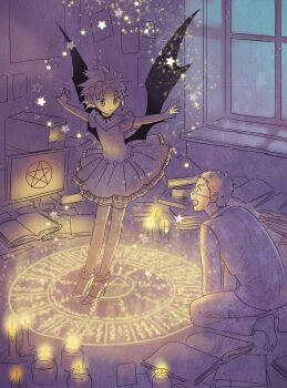 1boy 1girl barefoot black_wings book book_stack candle character_request copyright_request demon_wings dress eye_contact high_heels highres imam_(oozlo) korean_commentary long_sleeves looking_at_another low_wings outstretched_arms pants pentagram puffy_short_sleeves puffy_sleeves round_eyewear seiza short_hair short_sleeves sitting spread_arms star_(symbol) summoning thighhighs very_short_hair window wings