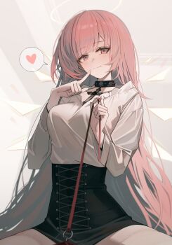 1girl absurdres arknights black_collar black_skirt breasts collar commentary_request cross detached_wings halo high-waist_skirt highres holding holding_leash large_breasts leash lemuen_(arknights) long_hair long_sleeves looking_at_viewer pink_hair pov revision shirt shirt_tucked_in shokuyou_koori skirt smile solo traditional_halo viewer_on_leash white_shirt wings