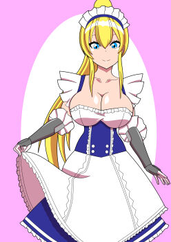 absurdres apron arm_guards azur_lane belfast_(azur_lane) belfast_(azur_lane)_(cosplay) blonde_hair blue_corset blue_eyes blue_skirt breasts cleavage commentary_request corset cosplay dress exexe frilled_gloves frills gloves highres horie_yui large_breasts long_hair looking_at_viewer maid maid_headdress north_carolina_(azur_lane) ponytail sidelocks skirt skirt_hold smile voice_actor_connection white_apron white_dress white_gloves