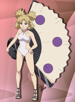 1girl absurdres artist_name blonde_hair blue_eyes full_body hand_fan hand_on_own_hip highleg highleg_one-piece_swimsuit highres holding holding_fan holding_weapon naruto_(classic) naruto_(series) no_pupils one-piece_swimsuit oversized_object quad_tails sandals smile solo standing swimsuit temari_(naruto) toes weapon white_one-piece_swimsuit zero024