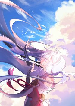 1girl absurdres armor back_bow bird blue_sky bow bridal_gauntlets cloud cloudy_sky commentary english_commentary from_side genshin_impact hair_flowing_over highres japanese_clothes kimono leaning_back off_shoulder outdoors purple_eyes purple_hair purple_kimono raiden_shogun red_sash reisye sash shoulder_armor sky solo too_many too_many_birds upper_body