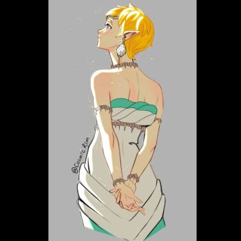 1girl arms_behind_back bare_shoulders blonde_hair bracelet commentary cosmic_rim earrings english_commentary eyelashes fingernails from_behind grey_background instagram_username jewelry looking_up necklace nintendo official_alternate_hair_length official_alternate_hairstyle pillarboxed pixie_cut princess_zelda short_hair simple_background solo the_legend_of_zelda the_legend_of_zelda:_tears_of_the_kingdom very_short_hair