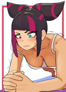 1girl black_hair border breasts camisole concentrating hair_horns han_juri heterochromia highres light_blush lineni medium_breasts multicolored_hair own_hands_clasped own_hands_together pink_streaks planking red_border simple_background solo streaked_hair street_fighter trembling v-shaped_eyebrows white_background white_camisole