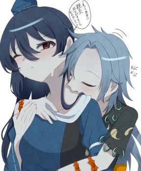 Rule 34 | 2girls, black shirt, blue hair, blue hat, bow, closed eyes, collarbone, commentary request, hair between eyes, hat, highres, himemushi momoyo, hug, hug from behind, iizunamaru megumu, kiss, long hair, multiple girls, one eye closed, orange bow, red eyes, shirt, simple background, speech bubble, thought bubble, tokin hat, touhou, translation request, white background, yakumo (user vmev2788), yuri