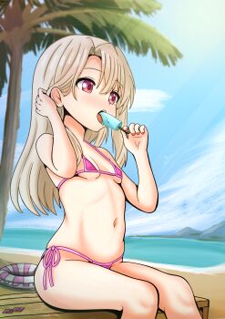 1girl absurdres beach bikini blonde_hair blush breasts cleavage condom condom_wrapper fate/kaleid_liner_prisma_illya fate_(series) food highres huge_filesize ice_cream illyasviel_von_einzbern kaschmatz lifebuoy loli long_hair micro_bikini navel ocean open_mouth outdoors pink_hair red_eyes sand sexually_suggestive side-tie_bikini_bottom sideboob sitting small_breasts solo stomach swim_ring swimsuit thighs tongue underboob water
