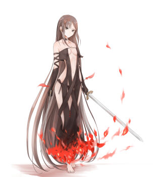 1girl absurdres arm_strap bare_shoulders barefoot black_dress black_gloves breasts brown_eyes brown_hair center_opening choker cleavage commentary_request dress dual_wielding earrings elbow_gloves fate/grand_order fate_(series) full_body gloves highres holding jewelry long_hair looking_at_viewer medium_breasts navel ribbon-trimmed_dress ribbon_trim solo sword very_long_hair weapon yu_mei-ren_(fate) yu_mei-ren_(second_ascension)_(fate) yuniyuni