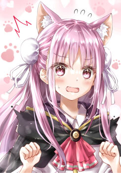 Rule 34 | 1girl, ^^^, absurdres, animal ear fluff, animal ears, ascot, ayaro (genkiloobaii), black cape, blush, cape, cat ears, cat girl, collared shirt, commentary request, double bun, extra ears, eyes visible through hair, fang, flying sweatdrops, hair between eyes, hair bun, hair ribbon, heart, heaven burns red, highres, kemonomimi mode, kunimi tama, long hair, looking at viewer, open mouth, paw pose, paw print, pink eyes, pink hair, red ascot, ribbon, shirt, sidelocks, simple background, solo, story in commentary, surprised, sweatdrop, upper body, very long hair, white background, white ribbon, white shirt, wide-eyed