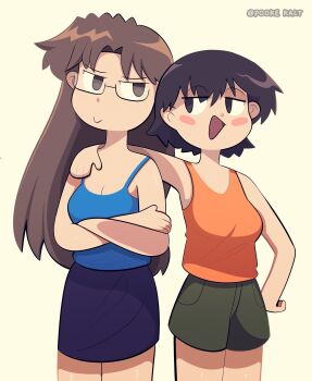 Rule 34 | 2girls, :d, absurdres, arm on another's shoulder, artist name, azumanga daiou, blue skirt, blue tank top, blush, breasts, brown eyes, brown hair, cleavage, crossed arms, glasses, green shorts, hand on own hip, highres, long hair, mizuhara koyomi, multiple girls, open mouth, orange tank top, pookekalt, rectangular eyewear, short hair, shorts, skirt, smile, spiked hair, takino tomo, tank top