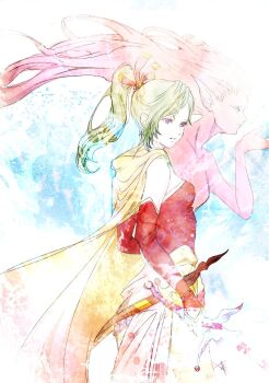 Rule 34 | 2girls, breasts, cape, colored skin, commentary request, detached sleeves, dual persona, final fantasy, final fantasy vi, green hair, hair ribbon, holding, holding sword, holding weapon, long hair, long sleeves, multiple girls, pantyhose, pink eyes, pink hair, pink ribbon, pink skin, pointy ears, ponytail, purple eyes, red sleeves, ribbon, ruka (blueplus84), small breasts, sword, tina branford, trance terra branford, weapon, yellow cape, yellow pantyhose