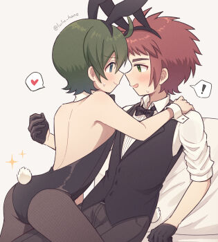 Rule 34 | !, 2boys, animal ear hairband, animal ears, back, black bow, black gloves, black leotard, blue eyes, blush, bow, boy on top, closed mouth, collared shirt, commentary request, detached collar, digimon, digimon universe: appli monsters, fake animal ears, fake tail, fishnet pantyhose, fishnets, gloves, green eyes, green hair, hairband, heart, highres, leotard, looking at another, lulu hane, male focus, multiple boys, on bed, open mouth, ozora yujin, pants, pantyhose, playboy bunny, rabbit ear hairband, rabbit ears, rabbit tail, red hair, shinkai haru, shirt, simple background, smile, sparkle, speech bubble, strapless, strapless leotard, sweatdrop, tail, thank you, vest, white shirt, wrist cuffs, yaoi